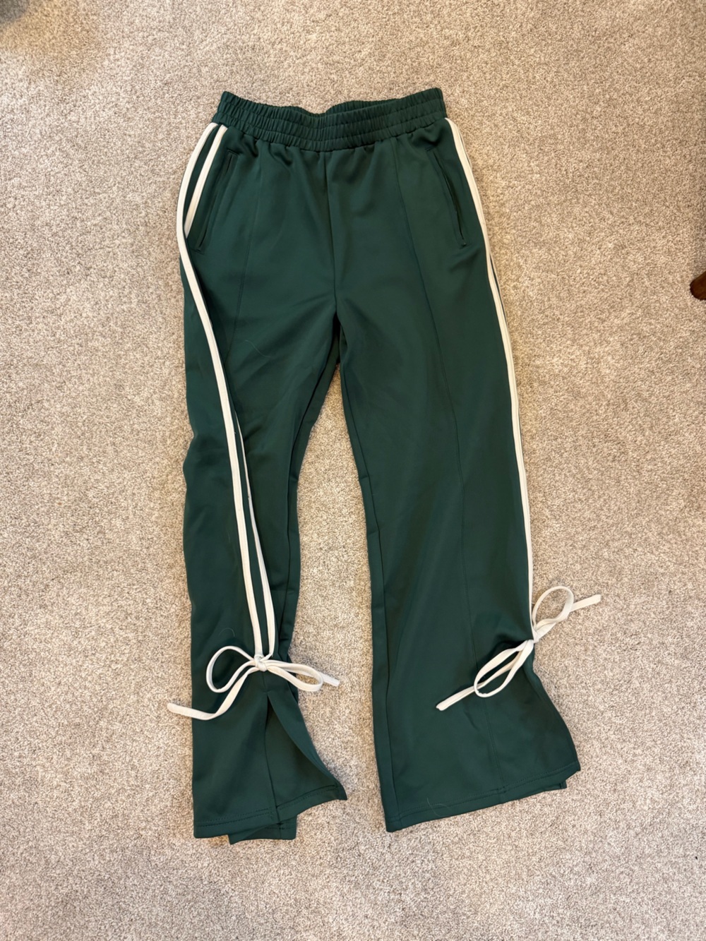 Le Lis Dark Green Track Pants with White Side Stripes and Ankle Ties